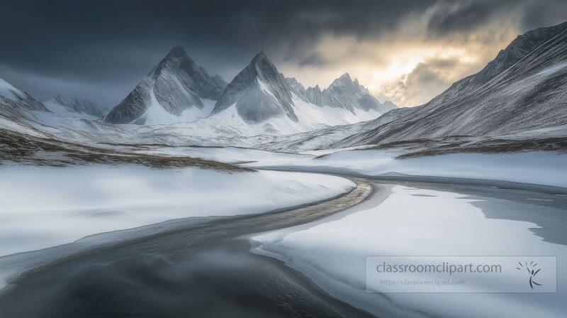 Towering peaks rise majestically, draped in pristine snow as a winding river carves through the frozen landscape. Glimmers of light break through dark clouds, creating an enchanting winter scene.