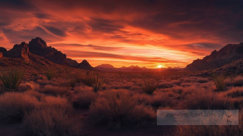 Breathtaking colors fill the sky as the sun sets behind rugged mountains. Cacti stand bold amid the serene desert, embodying the beauty of Arizonas landscape at dusk.