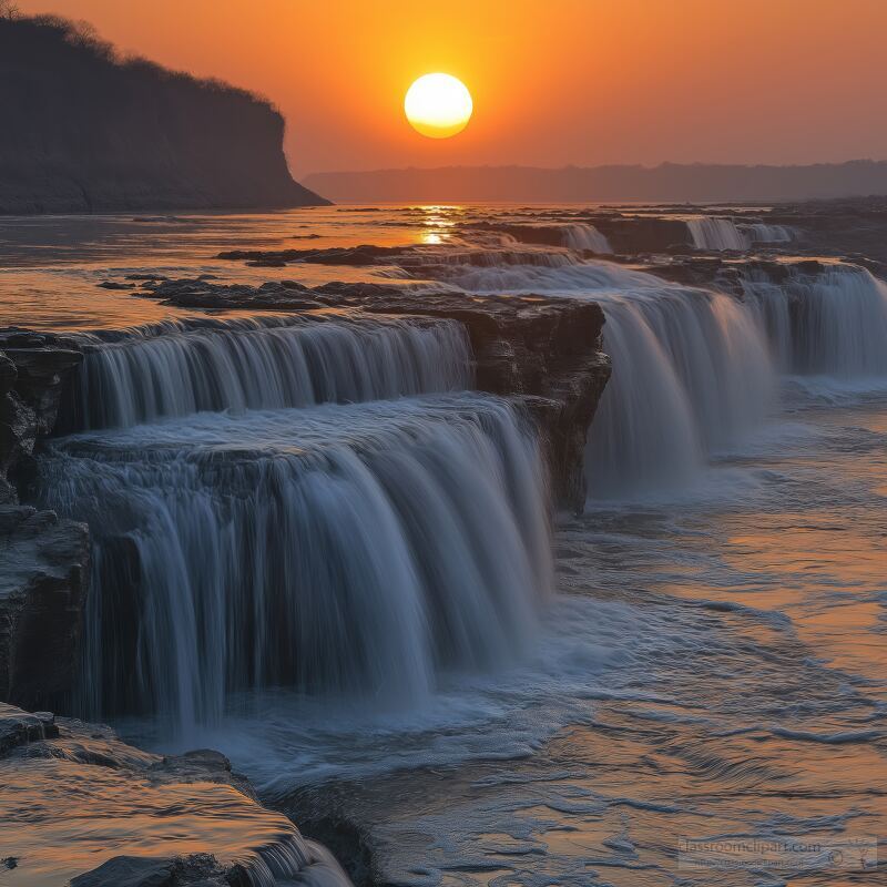 Hukou Falls tumbles dramatically as the sun sets casting vibrant hues across the landscape. Mist rises gently creating an ethereal atmosphere at this breathtaking natural wonder.