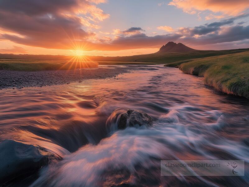 A breathtaking sunset casts vibrant hues over rugged Iceland. The river flows gently through the lush terrain, while distant mountains rise against a dramatic sky filled with clouds.