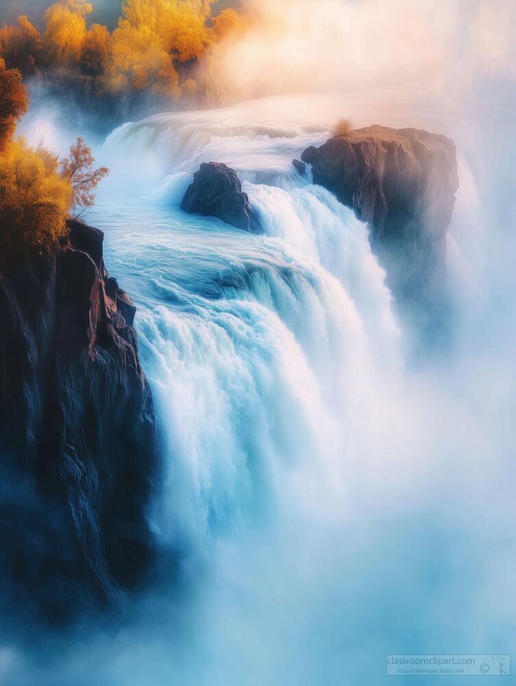 Water tumbles down a rocky cliff, creating a stunning waterfall surrounded by vibrant autumn foliage. The mist rises, adding an ethereal charm to this serene natural wonder.