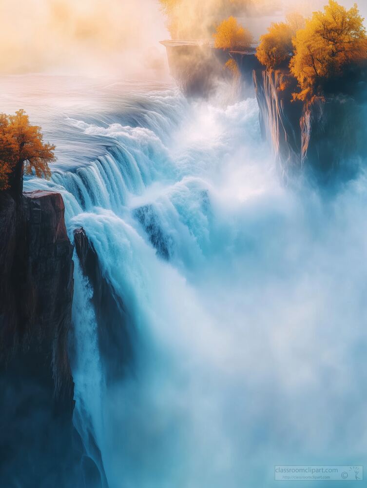 Water rushes dramatically over cliffs, surrounded by vibrant autumn trees. Sunlight filters through the mist, creating a serene and enchanting atmosphere in nature