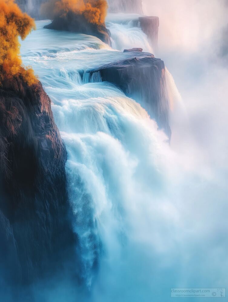 Water flows powerfully over sheer cliffs, creating a misty atmosphere. Surrounding trees display brilliant autumn hues, enhancing the beauty of this natural wonder at sunrise.