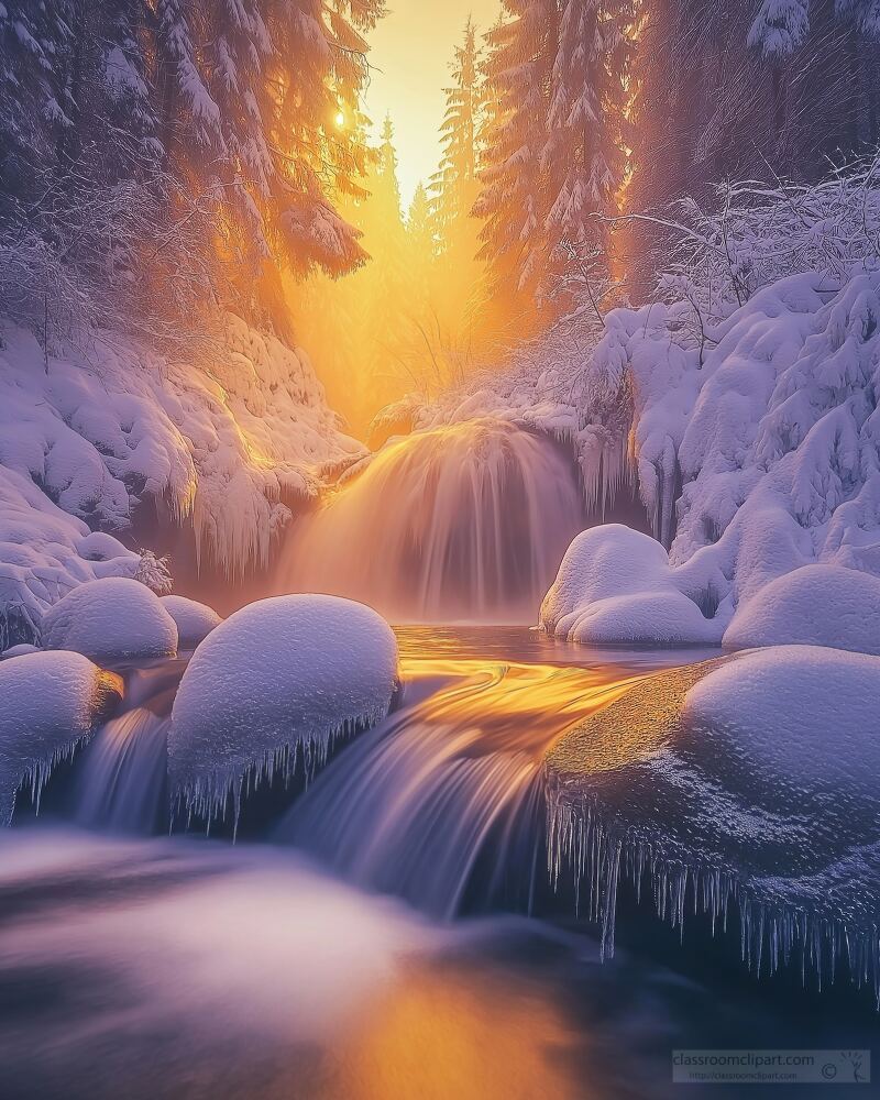 Majestic Winter Waterfall Surrounded by Misty Forest Glow