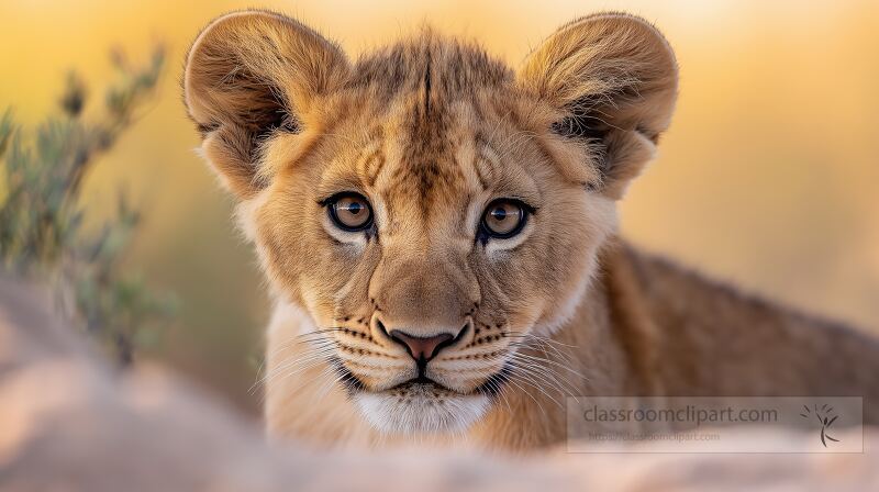 This young lion sits attentively in a natural setting highlighting its captivating eyes and playful demeanor The warm colors of the environment enhance its majestic presence in the wild