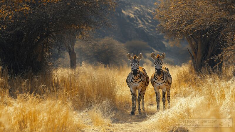 Two zebras traverse the sunlit savanna of Samburu National Reserve in Kenya. Golden grasses sway gently creating a serene atmosphere in the wild landscape.