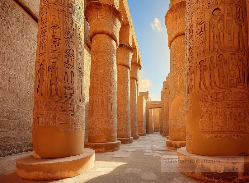 Visitors admire towering sandstone columns adorned with intricate hieroglyphs and symbols in the grand hypostyle hall of Karnak Temple illuminated by warm sunlight filtering through above