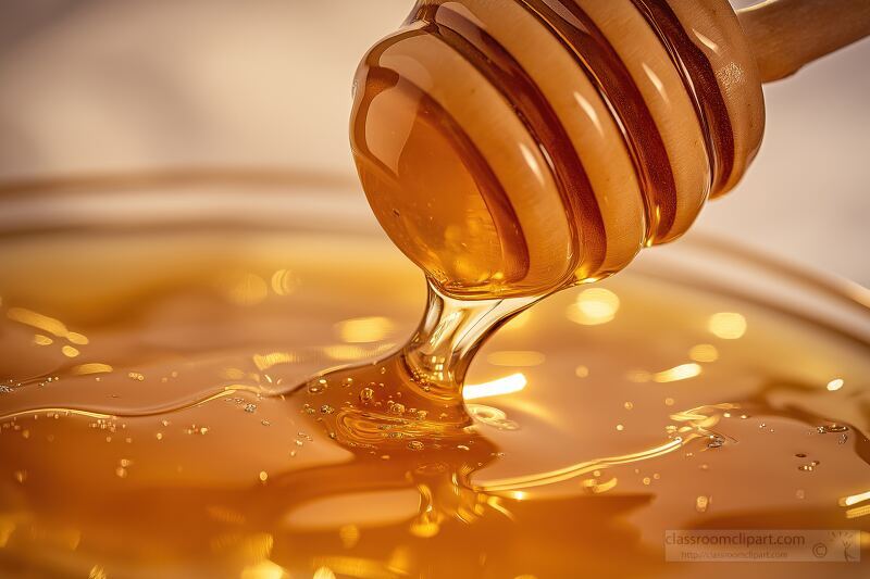 Golden honey flows gracefully from a wooden dipper forming elegant ribbons as it cascades into a glass jar. The rich colors and textures create a captivating moment of sweetness.