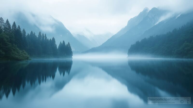 Surrounded by misty mountains and lush forests Qifeng Lake in Sichuan reflects the serene waters in bright white light evoking a peaceful ink painting atmosphere.