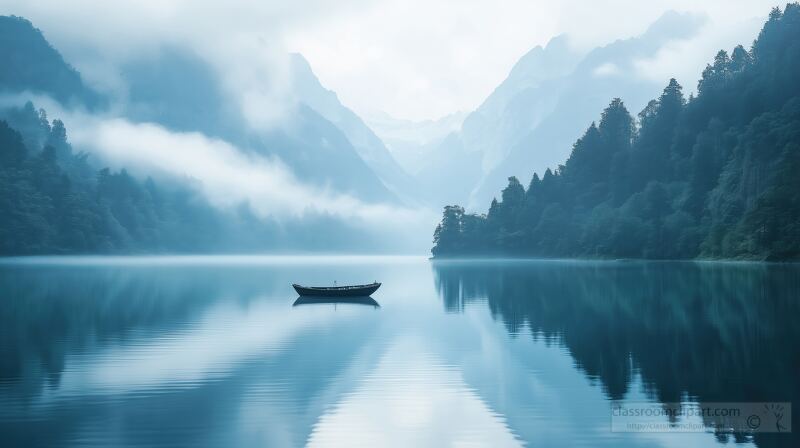 Qifeng Lake reflects serene waters amid misty mountains and lush forests evoking the beauty of an ink painting under soft bright light in Sichuan Province.