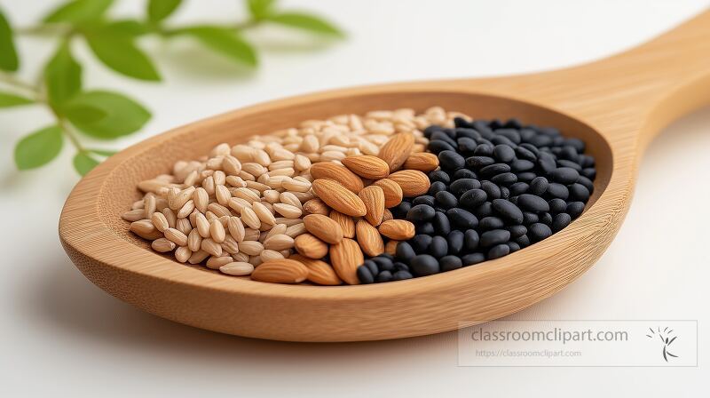 A collection of various grains including sesame almond and black sesame is arranged in a wooden spoon The colorful grains contrast beautifully against a plain background with green leaves