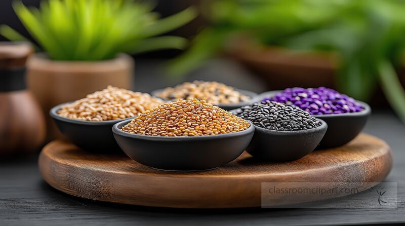 Various types of mixed grains are presented in black bowls on a round wooden platter The setting features greenery in the background creating a natural atmosphere