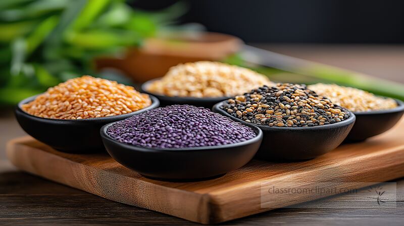 Several bowls filled with different types of mixed grains are arranged neatly on a wooden board Fresh herbs are in the background enhancing the natural setting