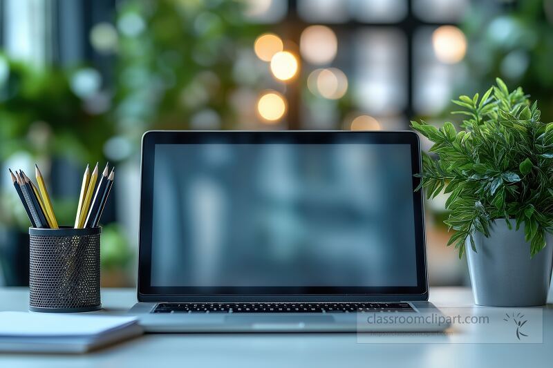 A sleek laptop sits on a desk surrounded by a pencil holder and plants The bright office features natural light and a serene atmosphere perfect for productivity