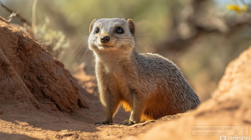 A curious banded mongoose stands at attention surrounded by the sandy earth of Samburu National Reserve in Kenya. Warm sunlight highlights its distinct fur as it surveys its surroundings.