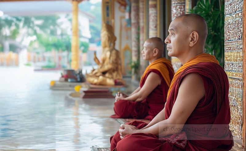 Two monks are deeply absorbed in prayer within a beautiful temple in Myanmar Dressed in traditional robes they sit calmly in a reflective atmosphere surrounded by intricate decorations