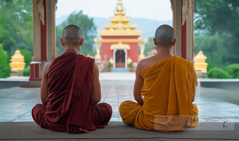 Two monks in traditional robes meditate in a serene temple in Myanmar The peaceful atmosphere reflects their dedication to prayer and spirituality