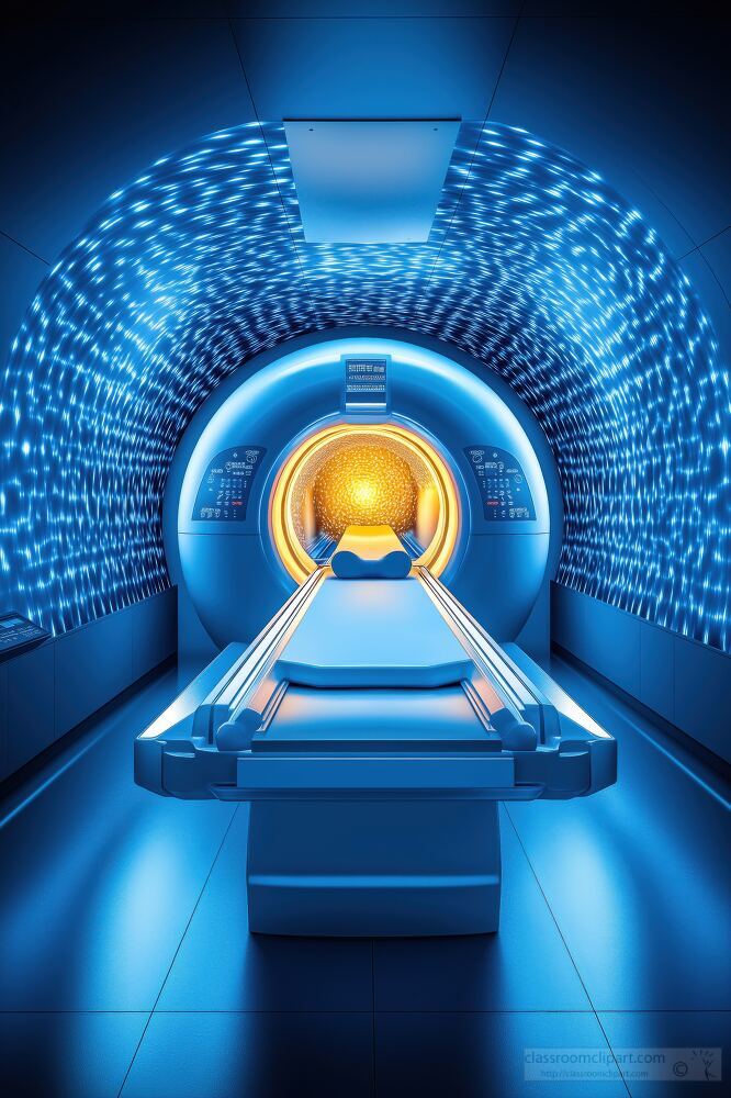 A futuristic medical imaging room glows with blue lights. A sleek examination table waits inside the cylindrical scanner, inviting patients for advanced diagnostic procedures.