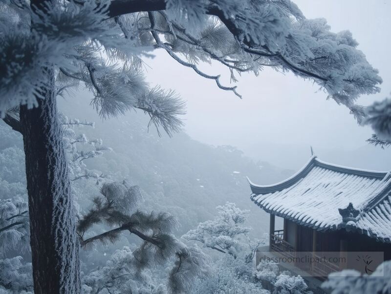 Snow blankets the trees, creating an enchanting atmosphere. Sunlight filters through clouds, illuminating a large pine tree and a quaint hut nestled in the frosty surroundings.