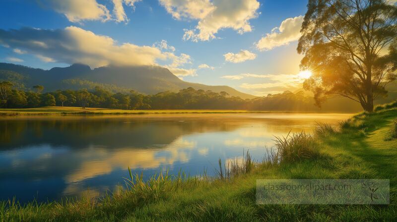 Sunlight casts a warm glow over Murwillumbahs tranquil waters, reflecting the majestic mountains and lush greenery. This captivating moment captures the essence of serene beauty.