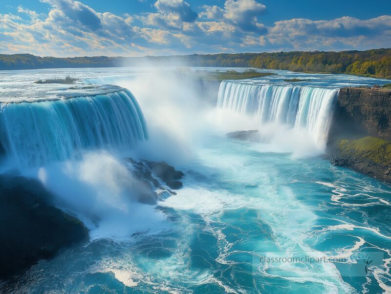 Crystal clear blue water tumbles over the cliffs of Niagara Falls, surrounded by lush greenery under a bright blue sky, creating a captivating natural wonder that enchants visitors.