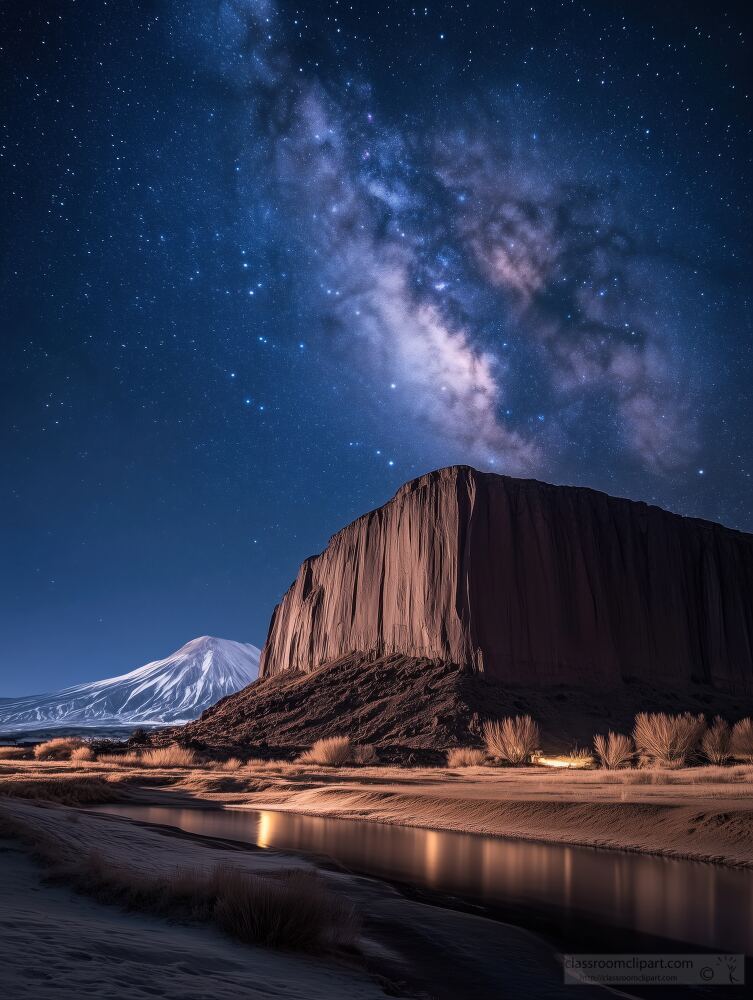 Under a star filled sky, towering mountains rise majestically beside a calm river. The Milky Way glistens above, creating a stunning celestial backdrop in this serene landscape.