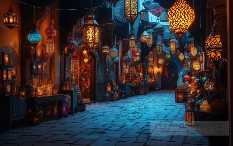 A lively Moroccan market at night, illuminated by vibrant lanterns. The air is filled with the scents of spices as vendors display their colorful wares, captivating visitors.