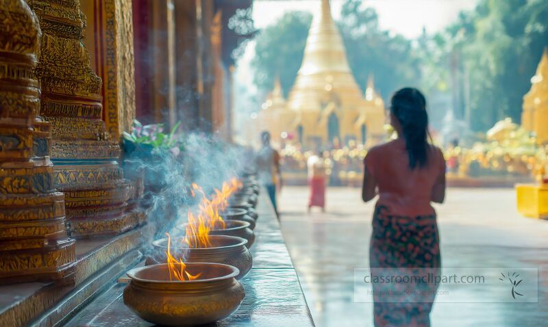 Devotees present candles and incense at Shwedagon Pagoda in Yangon Myanmar during a serene moment of worship and reflection amid ancient structures and cultural beauty