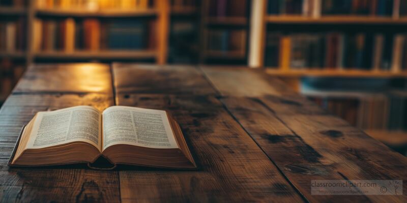 Open Book Resting on Wooden Table With Warm Light