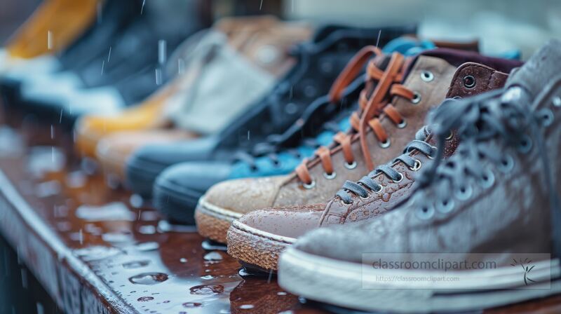 A collection of shoes is neatly arranged, showcasing a careful cleaning process. One shoe is brushed gently, with glistening water droplets enhancing the scenes freshness and detail.