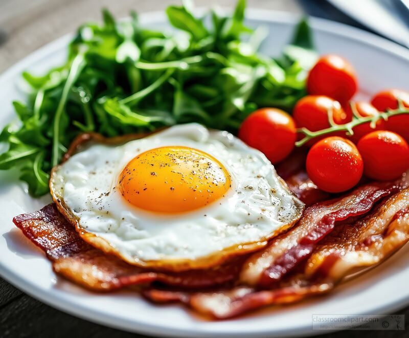 Enjoy a delightful breakfast featuring a sunny side up egg with a vibrant yolk crispy bacon fresh cherry tomatoes and green salad. A rustic setting enhances the meals charm.