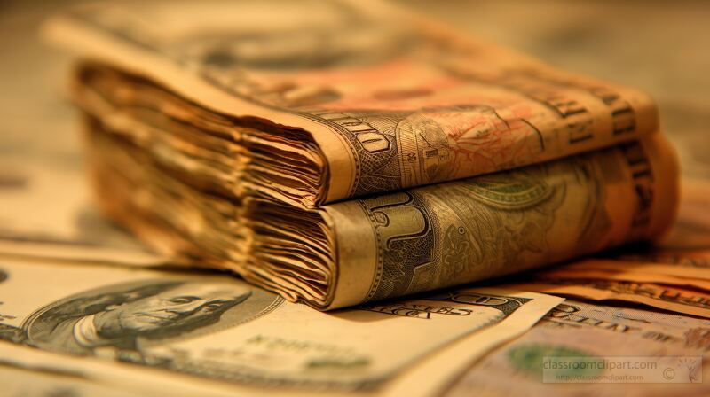 A stack of folded currency is spread out on a flat surface. The notes display various denominations.