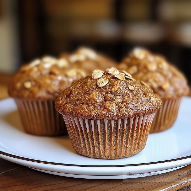 Soft and fluffy pumpkin oat flour muffins sit on a white plate They are topped with oats and showcase a warm golden brown color perfect for a cozy snack