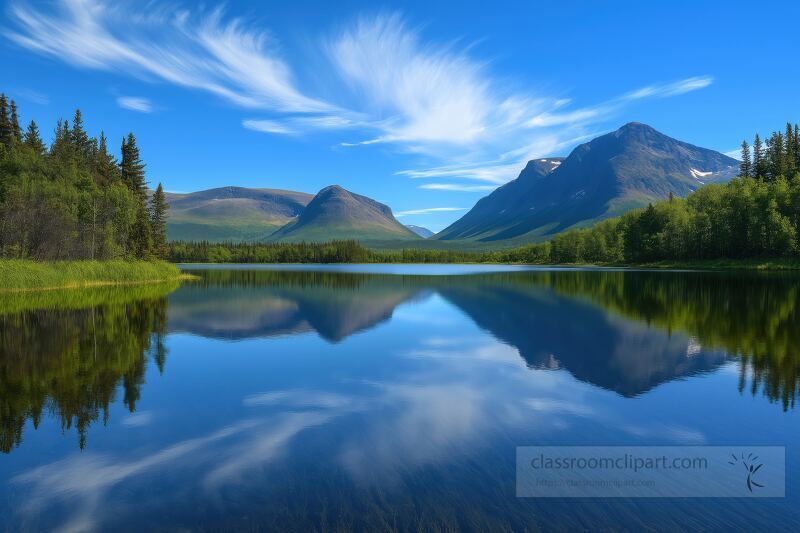 Crystal clear waters mirror the stunning peaks and lush greenery of a national park. Gentle clouds drift across the bright blue sky, enhancing the tranquil atmosphere of the landscape.