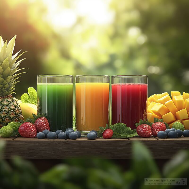 Refreshing Fruit Juices Displayed With Fresh Fruits