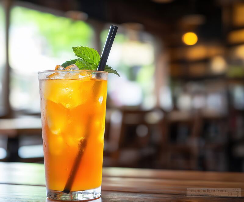 A vibrant glass of orange soda sits on a wooden table glistening with ice cubes and garnished with fresh mint leaves in a welcoming cafe atmosphere.