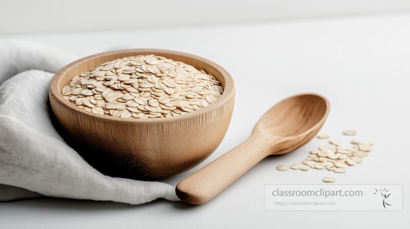 A wooden bowl filled with rolled oats is placed on a light surface A wooden spoon rests next to the bowl showcasing a rustic kitchen setting perfect for healthy meals