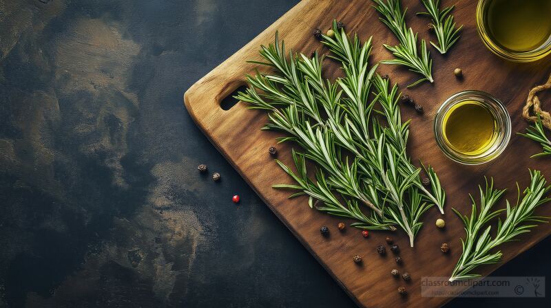 Rosemary Sprigs Glisten With Olive Oil on Rustic Wood Board