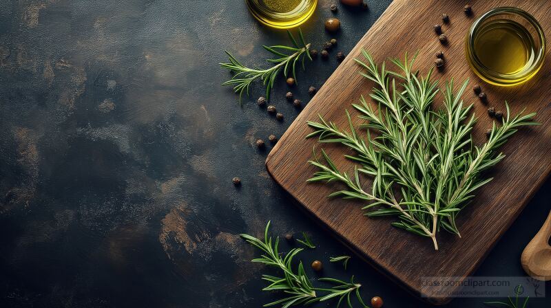 Rosemary Sprigs in Olive Oil on Rustic Board