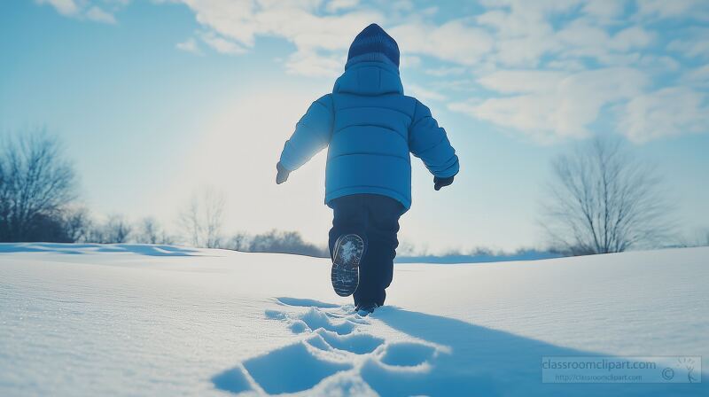 A boy in a bright blue jacket sprints joyfully across a vast snowy landscape. His footprints mark the soft snow as he moves energetically under a clear sky filled with fluffy clouds.