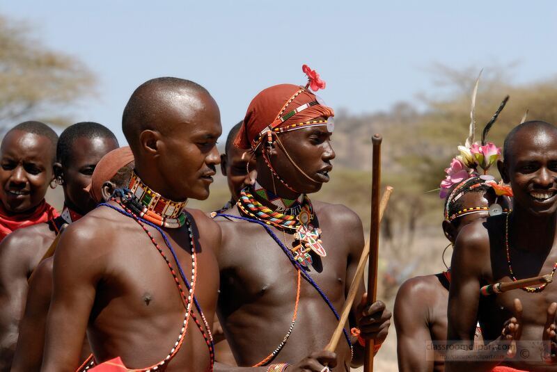 Members of the Samburu tribe in Kenya participate in a vibrant traditional ceremony Dressed in colorful attire they showcase their rich cultural heritage through music dance and communal celebration in a remarkable display of unity and tradition