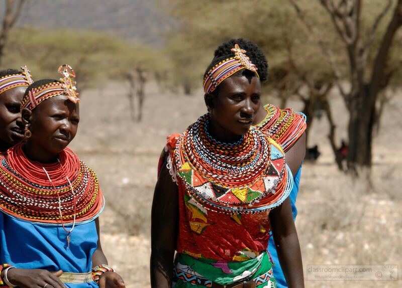 Samburu women dressed in colorful traditional clothing showcase their cultural heritage in the arid landscapes of Kenya The vibrant beaded jewelry and unique patterns reflect the tribes rich customs and identity in their everyday life