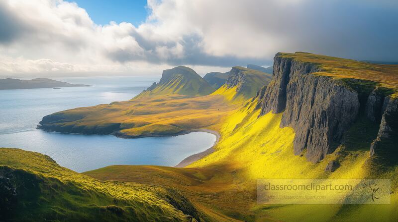 Rolling green hills meet sparkling waters under a dramatic sky on the Isle of Skye. This picturesque landscape showcases natures beauty during the bright daylight hours.