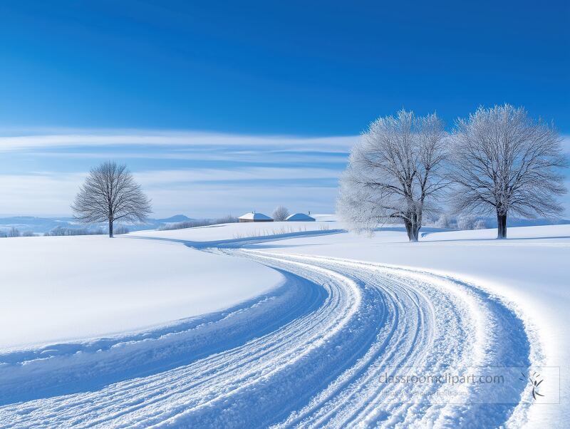 A tranquil winter landscape featuring snow covered trees glistening under a blue sky A winding path leads through the serene untouched snow creating a peaceful atmosphere