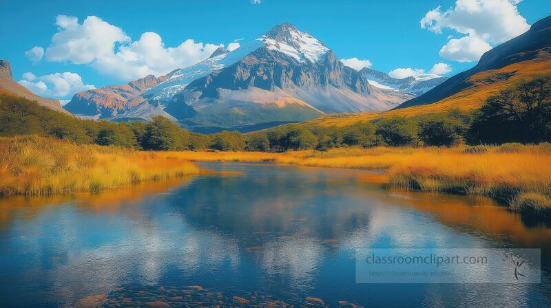 A breathtaking view of a majestic mountain surrounded by vibrant grasses and a clear river. The sunlight casts beautiful reflections, highlighting natures stunning palette.