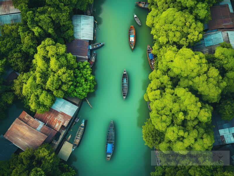 A serene countryside road meanders through a lush mangrove setting, where vibrant houses and fishing boats rest by the emerald river, capturing the essence of village life at dusk.