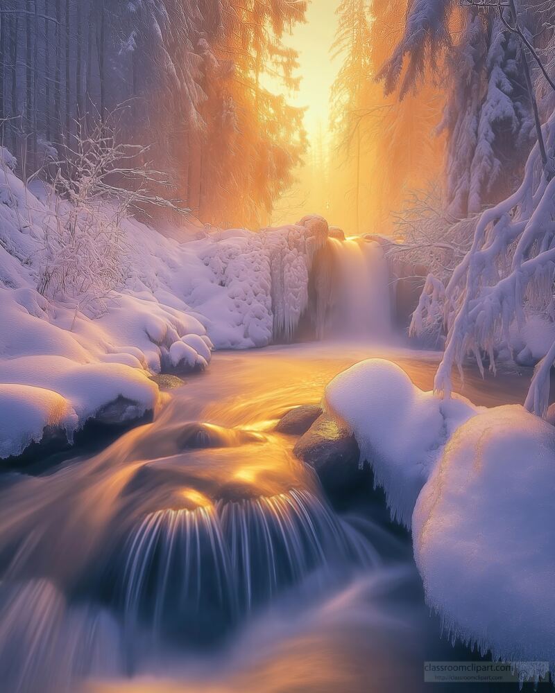 Small Waterfall in a Snowy Forest During Twilight