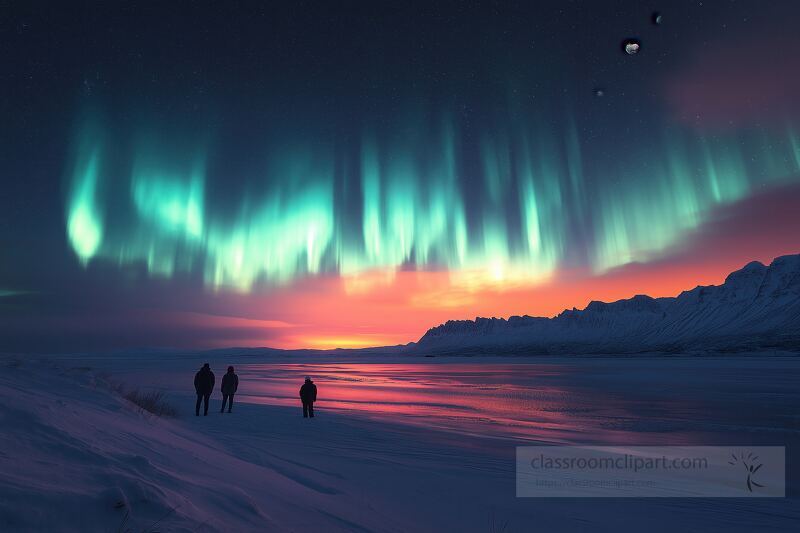 Enthralled spectators stand on a snow covered shore gazing at vibrant auroras illuminating the twilight sky over a serene landscape