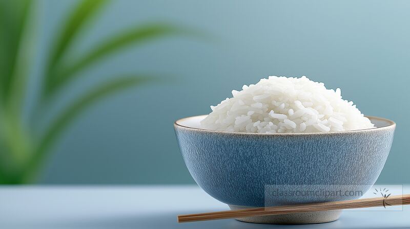 A bowl filled with fluffy steamed white rice is placed on a light blue table The background features a subtle green plant adding a touch of freshness to the setting