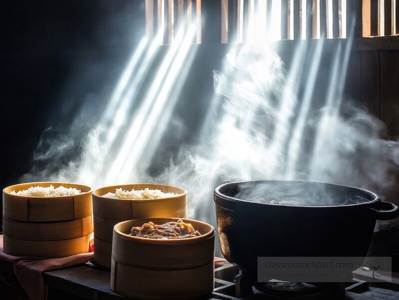 In an old Chinese farmhouse kitchen, sunlight beams through the roof slats, illuminating steaming bowls of rice and meat on a wood stove, creating a cozy and inviting atmosphere.